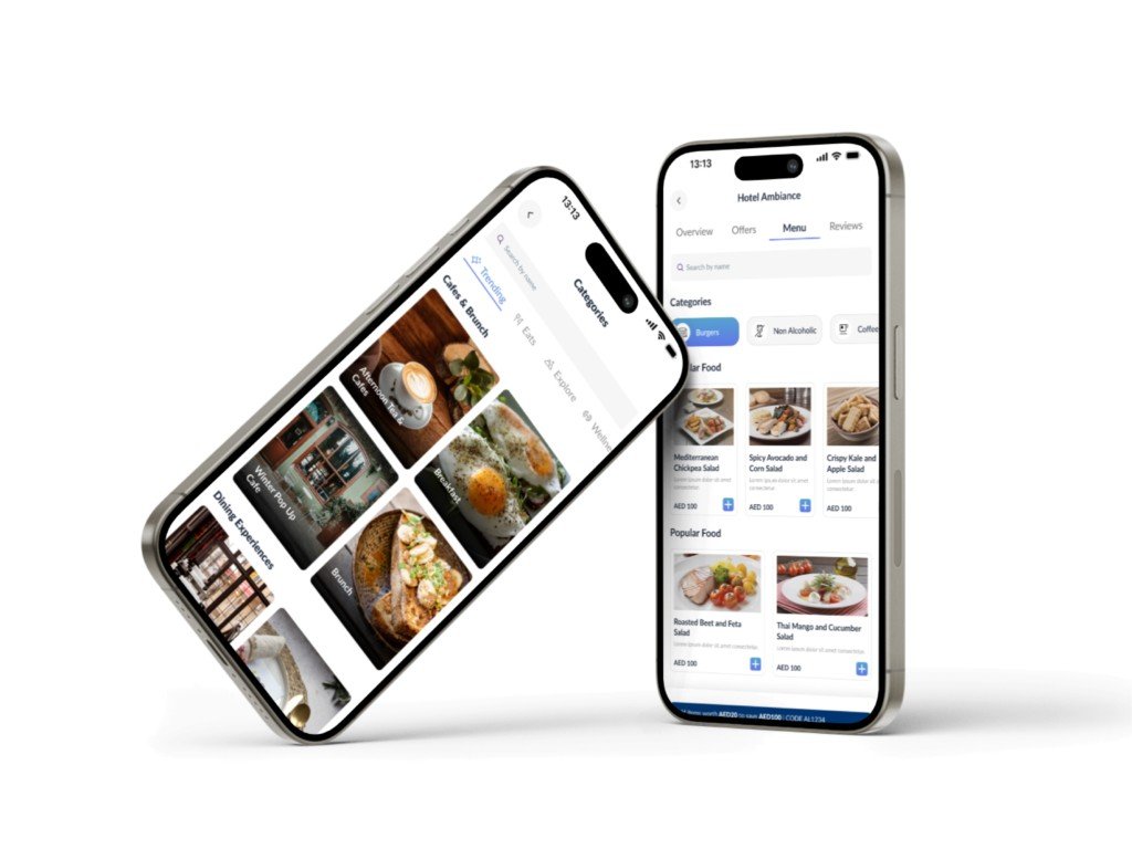 AL HUB app screens showing categories and restaurants